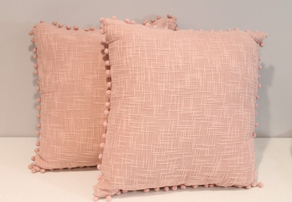 2 Pier 1 Basketweave Design Texture Throw Pillows Blush Pink Pom Pom Trim Zip Up